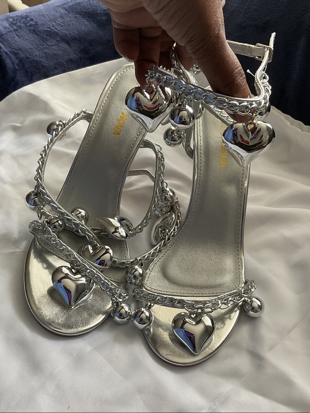 Fashion Nova Silver Heart Charm Ankle-Strap Heels